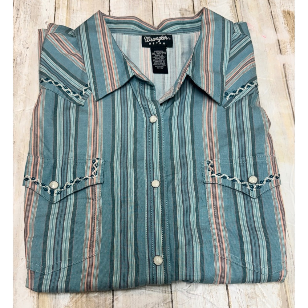 Wrangler Retro Womens Size XXL Blue Striped Sleeveless Western Snap Shirt